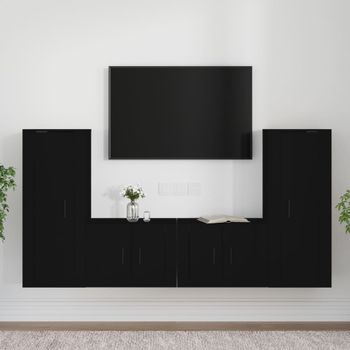 Set De 4 Uds Muebles Tv | Mueble De Salón | Armario Tv Madera Contrachapada Negro Cfw789222