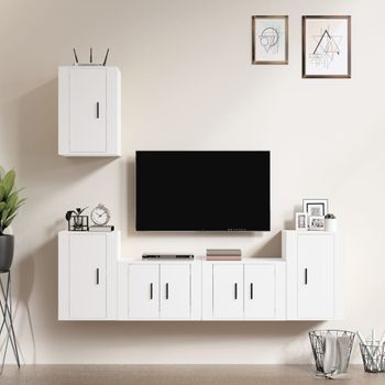 Set De 5 Uds Muebles Tv | Mueble De Salón | Armario Tv Madera Contrachapada Blanco Cfw789255