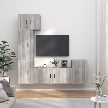 Set De 5 Uds Muebles Tv | Mueble De Salón | Armario Tv Madera Contrachapada Gris Sonoma Cfw789262