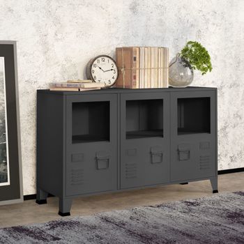 Aparador | Armario De Cocina | Buffet De Salón Industrial Metal Y Vidrio Gris Antracita 105x35x62 Cm Cfw737535