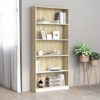 Estantería | Librería | Armario De Libros 5 Niveles Contrachapada Blanca Y Roble 80x24x175 Cm Cfw760156