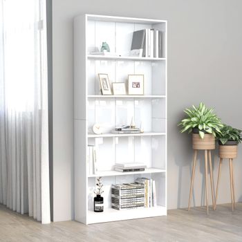 Estantería | Librería | Armario De Libros De 5 Niveles Contrachapada Blanco Brillo 80x24x175cm Cfw760448