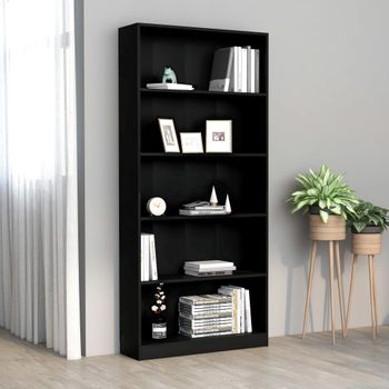 Estantería | Librería | Armario De Libros De 5 Niveles Madera Contrachapada Negra 80x24x175 Cm Cfw760475