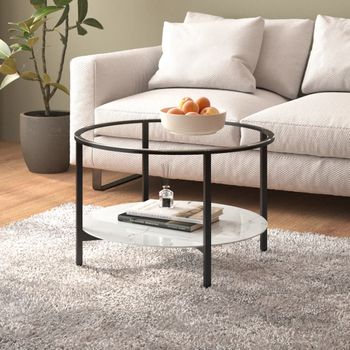 Mesa De Centro，mesa Auxiliar，mesa De Café Vidrio Templado Negro Y Mármol Blanco 70 Cm Cfw774992