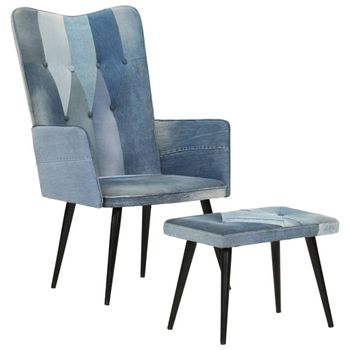 Sillón De Salón | Silla | Sillón Con Reposapiés Lona Patchwork Azul Vaquerocfw791628