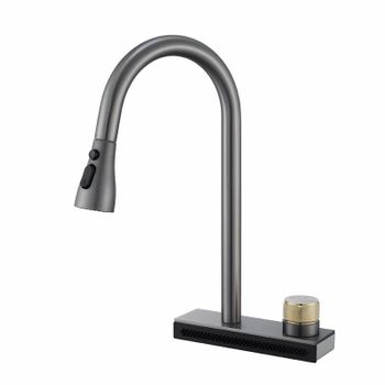 Grifo De Cocina Con Rociador Extensible Mezclador De Cocina Con Salida En Cascada Giratorio 360° Regulable En Frío Y Calor Gris