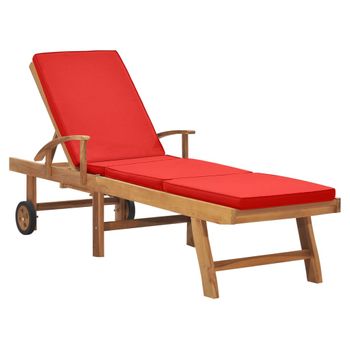 Tumbona De Jardín | Silla | Sillón Exterior Con Cojín Madera Maciza De Teca Rojo Cfw554245