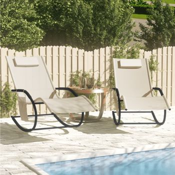 Pack 2 Uds Tumbona De Jardín | Silla | Sillón Exterior Mecedora De Acero Y Textilene Crema Cfw694010