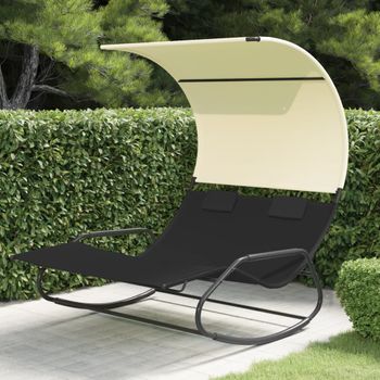 Tumbona De Jardín | Silla | Sillón Exterior Mecedora Doble Con Toldo Negro Y Crema Cfw934714