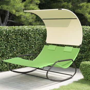 Tumbona De Jardín | Silla | Sillón Exterior Mecedora Doble Con Toldo Verde Y Crema Cfw937633