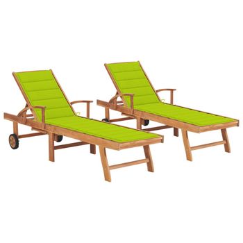 Pack 2 Uds Tumbonas De Jardín | Silla | Sillón Exterior Madera Maciza Teca Con Cojín Verde Chillón Cfw831583