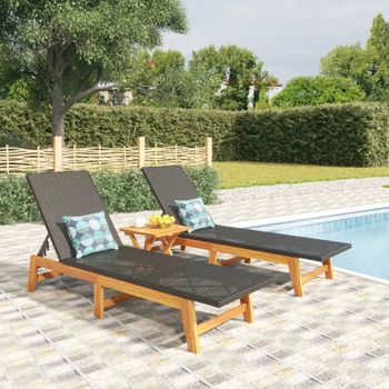 Pack 2 Uds Tumbonas De Jardín | Silla | Sillón Exterior Ratán Y Madera Maciza Acacia Marrón Y Negro Cfw131560