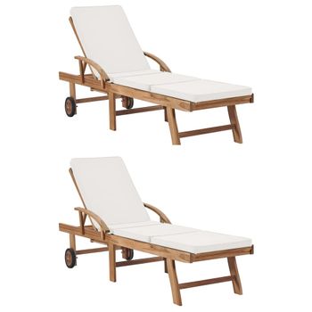 Pack 2 Uds Tumbonas De Jardín | Silla | Sillón Exterior Con Cojín Madera Maciza De Teca Crema Cfw641463