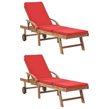 Pack 2 Uds Tumbonas De Jardín | Silla | Sillón Exterior Con Cojines Madera Maciza De Teca Rojo Cfw762383