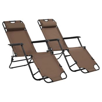 Pack 2 Uds Tumbonas De Jardín | Silla | Sillón Exterior Plegables Con Reposapiés Acero Marrón Cfw323720