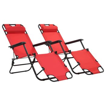 Pack 2 Uds Tumbonas De Jardín | Silla | Sillón Exterior Plegables Con Reposapiés Acero Rojo Cfw282354