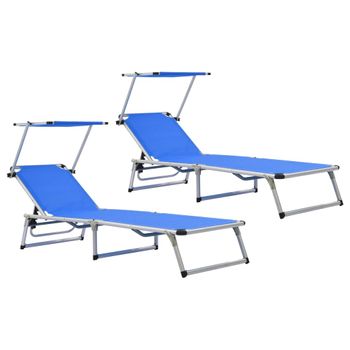 Pack 2 Uds Tumbonas De Jardín | Silla | Sillón Exterior Plegables Con Techo Aluminio Y Textilene Azul Cfw182964