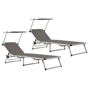 Pack 2 Uds Tumbonas De Jardín | Silla | Sillón Exterior Plegables Con Techo Aluminio Y Textilene Gris Cfw684103