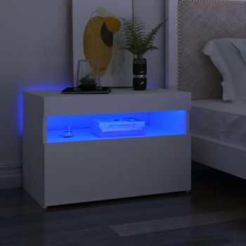 Mesita De Noche | Mesa Auxiliar | Mesilla Con Luces Led Contrachapada Blanco 60x35x40 Cm Cfw49269