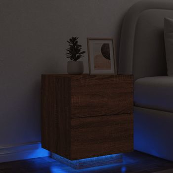 Mesita De Noche | Mesa Auxiliar | Mesilla Con Luces Led Madera De Ingeniería Roble Marrón Cfw16434