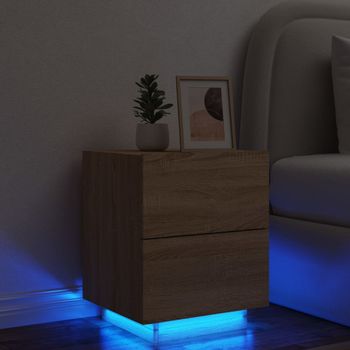 Mesita De Noche | Mesa Auxiliar | Mesilla Con Luces Led Madera De Ingeniería Roble Sonoma Cfw64718