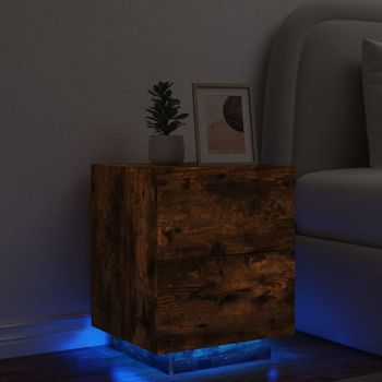 Mesita De Noche | Mesa Auxiliar | Mesilla Con Luces Led Madera Ingeniería Roble Ahumado Cfw18043