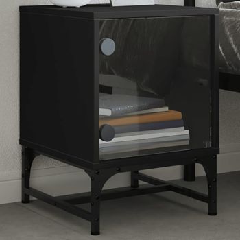 Mesita De Noche | Mesa Auxiliar | Mesilla Con Puerta De Vidrio Negro 35x37x50 Cm Cfw70257