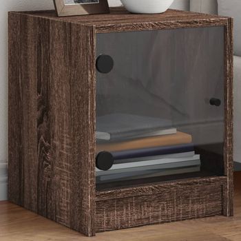 Mesita De Noche | Mesa Auxiliar | Mesilla Con Puerta De Vidrio Roble Marrón 35x37x42 Cm Cfw65354