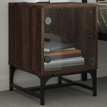 Mesita De Noche | Mesa Auxiliar | Mesilla Con Puerta De Vidrio Roble Marrón 35x37x50 Cm Cfw60822