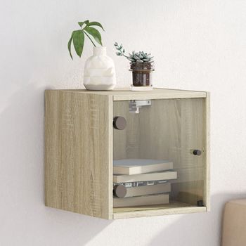 Mesita De Noche | Mesa Auxiliar | Mesilla Con Puerta De Vidrio Roble Sonoma 35x37x35 Cm Cfw49449