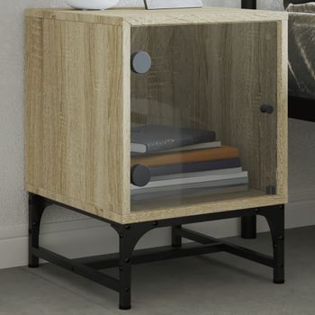 Mesita De Noche | Mesa Auxiliar | Mesilla Con Puerta De Vidrio Roble Sonoma 35x37x50 Cm Cfw88779