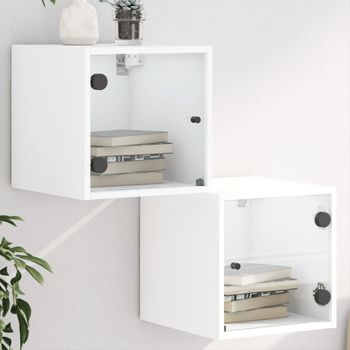 Pack 2 Uds Mesitas De Noche | Mesa Auxiliar | Mesilla Con Puertas De Vidrio Blanco 35x37x35 Cm Cfw60479