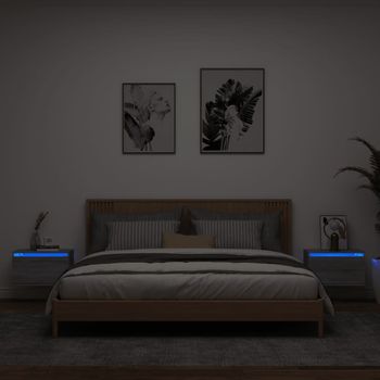 Pack 2 Uds Mesitas De Noche | Mesa Auxiliar | Mesilla De Pared Con Luces Led Gris Sonoma Cfw36483