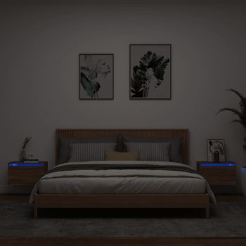 Pack 2 Uds Mesitas De Noche | Mesa Auxiliar | Mesilla De Pared Con Luces Led Roble Marrón Cfw41821