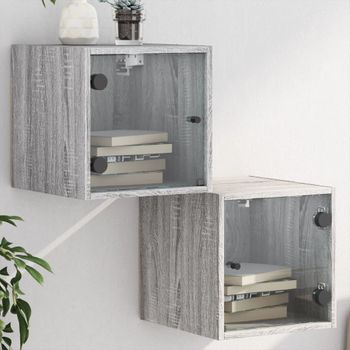 Pack 2 Uds Mesitas Noche | Mesa Auxiliar | Mesilla Con Puertas Vidrio Gris Sonoma 35x37x35 Cm Cfw52862