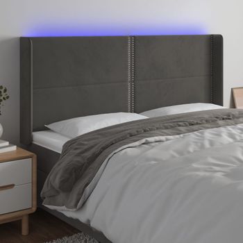 Cabecero Cama | Panel De Cabecera Con Led De Terciopelo Gris Oscuro 163x16x118/128 Cm Cfw115044