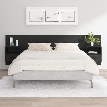 Cabecero De Cama | Panel De Cabecera Con Mesitas Madera Contrachapada Negro Cfw383227