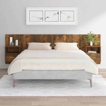 Cabecero De Cama | Panel De Cabecera Con Mesitas Madera Contrachapada Roble Ahumado Cfw613358