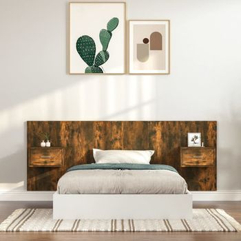 Cabecero De Cama | Panel De Cabecera | Decoración De Pared Con Mesitas Madera Contrachapada Roble Ahumado Cfw458668