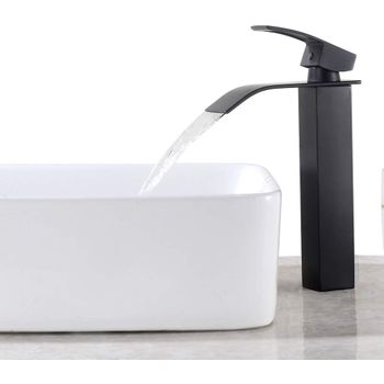 Grifo De Cascada Negro Con Caño Alto, Mezclador De Lavabo Alto, Grifo De Lavabo De Un Solo Orificio Con Grifo Monomando De Mezclador De Baño De Cobre