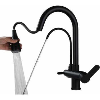 Grifo De Cocina Grifo Monomando De Pared Negro, Grifo Para Fregadero De Cocina De Latón Con Doble Orificio, Manija Única, Montaje Giratorio De 360