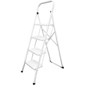 Escalera Doméstica 4 Peldaños, Acero, Peldaños Anchos, Soporta 150 Kg. Blanco, Keroppa