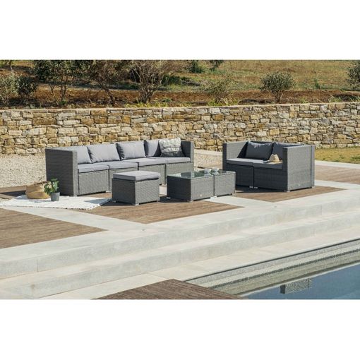 Conjunto Muebles Jardín Bahamas Conjunto Central Doble Mesa Gris Pardo 3  Módulos Centrales, 1 Puf, 2 Mesas Ratán Sintético con Ofertas en Carrefour