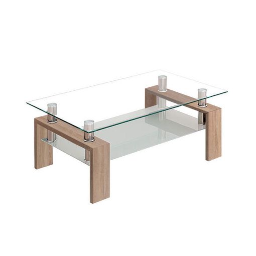 Mesa de centro KENDRA de cristal con revistero y patas en metal y madera de  color Roble