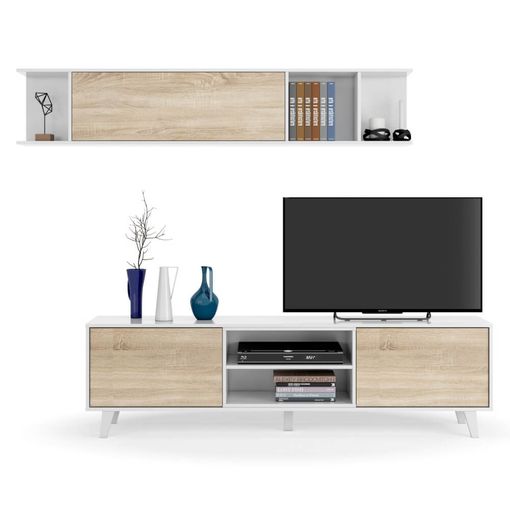 Mueble de salon TV estilo nordico en blanco brillo y roble