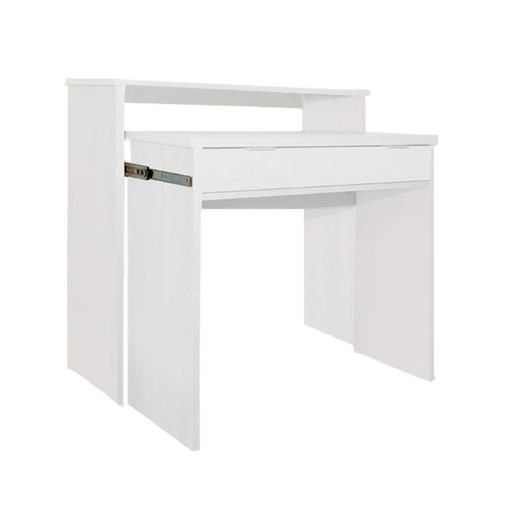 Mesa escritorio extensible, mesa estudio consola, acabado roble/blanco,  medidas: 98,6x86,9x36- 70 cm