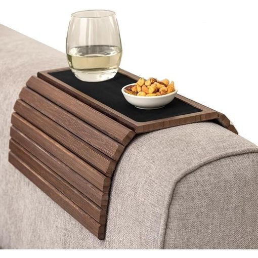 Bandeja de bambú para sofá – Mesa auxiliar de TV pequeña para tu sofá –  Soporte ideal para tazas, posavasos y organizador remoto – Perfecto para