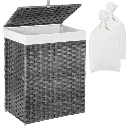 2 Cestos Ropa Sucia con Tapa y 2 Compartimentos, Cubo Colada Plegable,  Canasta, Bambú, 95 L