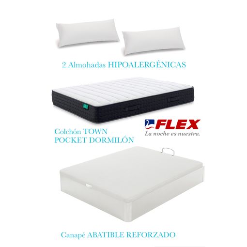 Colchon Flex Dormilon Town Pocket 150x200 + Canape Abatible Reforzado Blanco + 2 Hipoalergenicas con Ofertas en Carrefour Ofertas Online