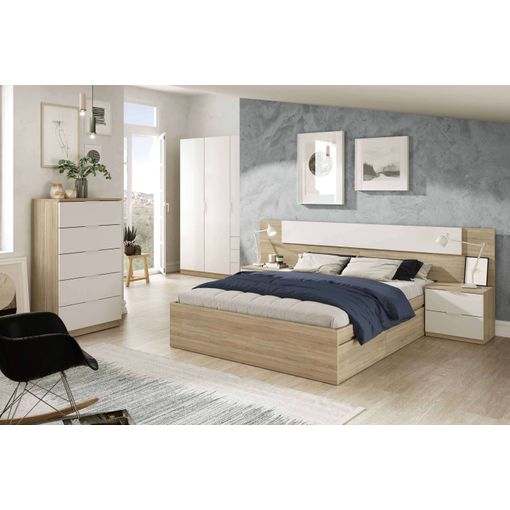 Pack Dormitorio Completo Alaya Color Blanco Y Roble Para Camas 150 Cm  (cama+cabecero+2 Mesitas+armario+sinfonier) con Ofertas en Carrefour